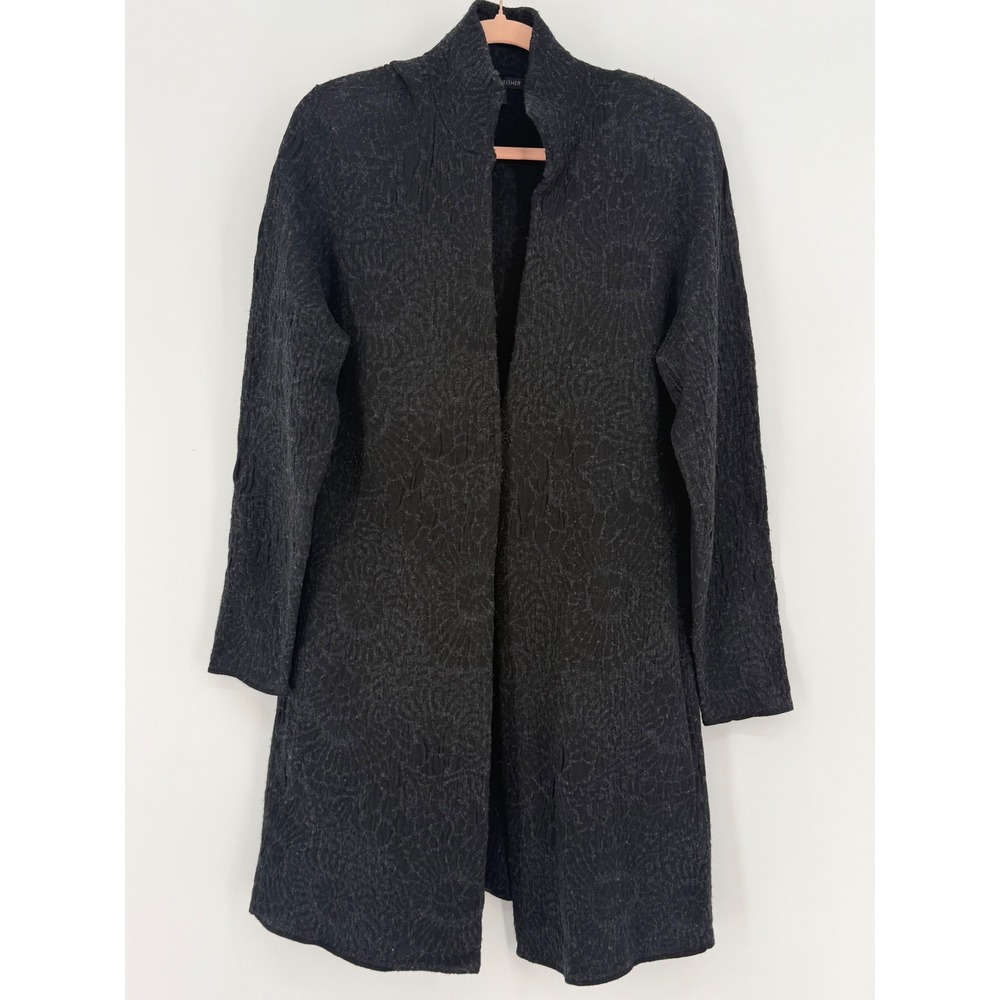 Eileen Fisher Charcoal Cardigan Aurora Floral Jacquard Long Open Sweater Size  L